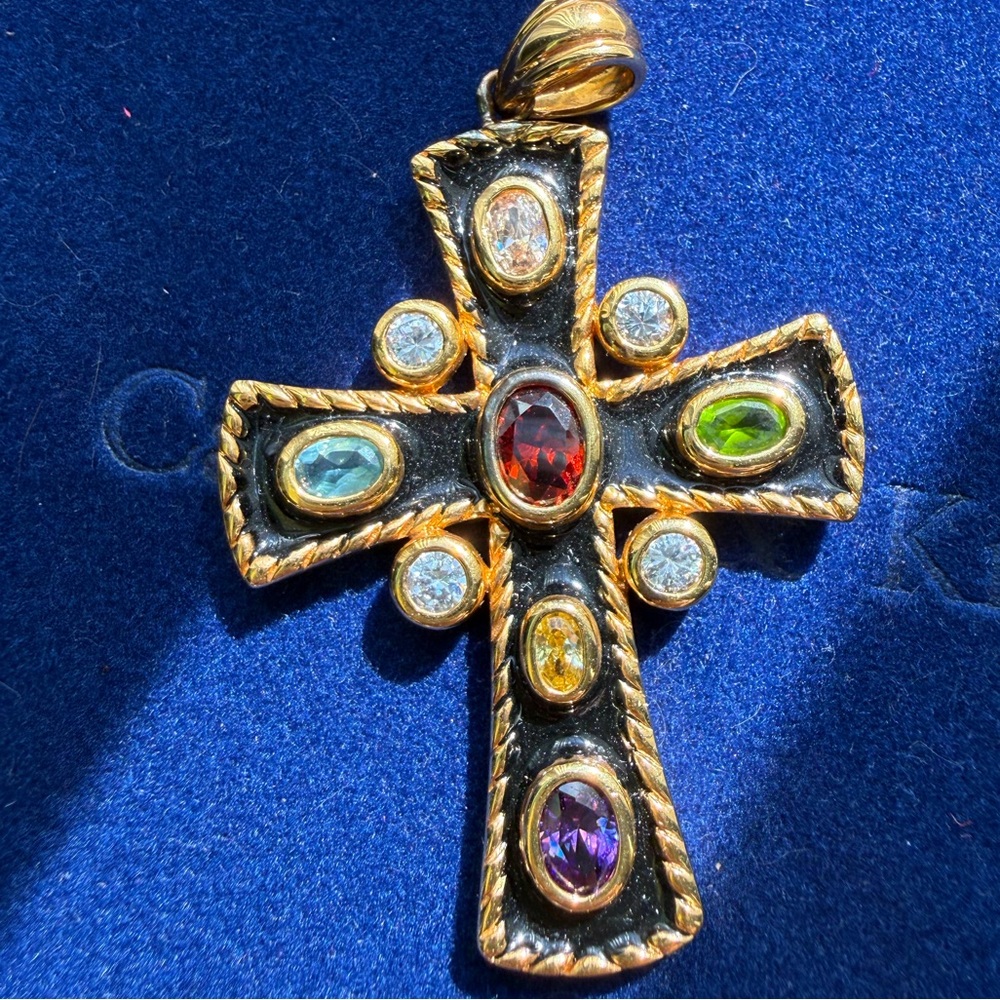 Signed, 925 silver with gold wash, gemstones and enamel cross